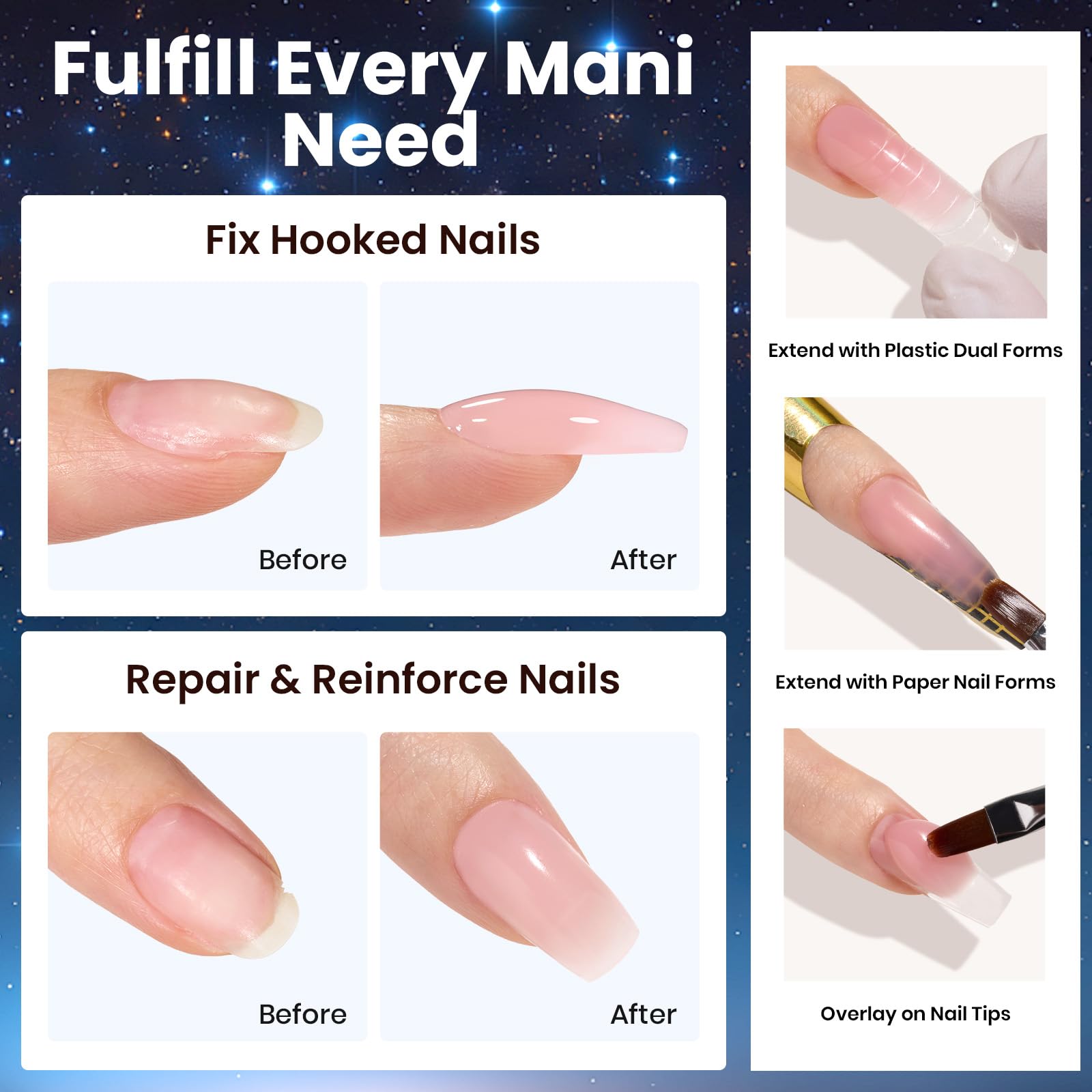 Beetles Poly Nail Gel Kit - 6 Colors Jelly Nude Extension Kit with Slip Solution Builder Nail Enhancement for Beginner & Professional Long Lasting DIY Home Gift for Women, UV & LED Needed: Dazzling Night