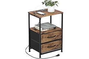 DOMYDEVM Nightstand with Charging Station: Bedside Table with Fabric Drawers for Space Saving