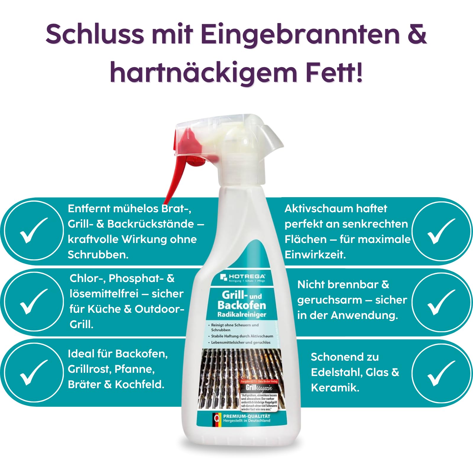 HOTREGA Grill & Backofen Radikalreiniger 500ml | Entfernt Eingebranntes | Inkl. Handschuhe | Reinigt Edelstahl, Glas, Keramik & Kochfelder | Lebensmittelsicher | Frei von Chlor & Lösemitteln