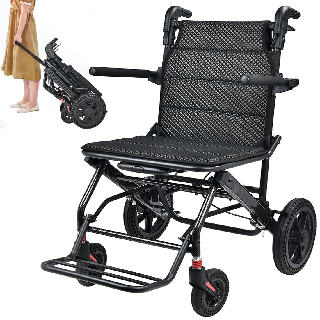 Sedia a rotelle per il trasporto con manico telescopico, 11 kg, pieghevole, per adulti e anziani, in lega di alluminio, pneumatici a nido d'ape ammortizzante, portata 110 kg, portata 46 cm