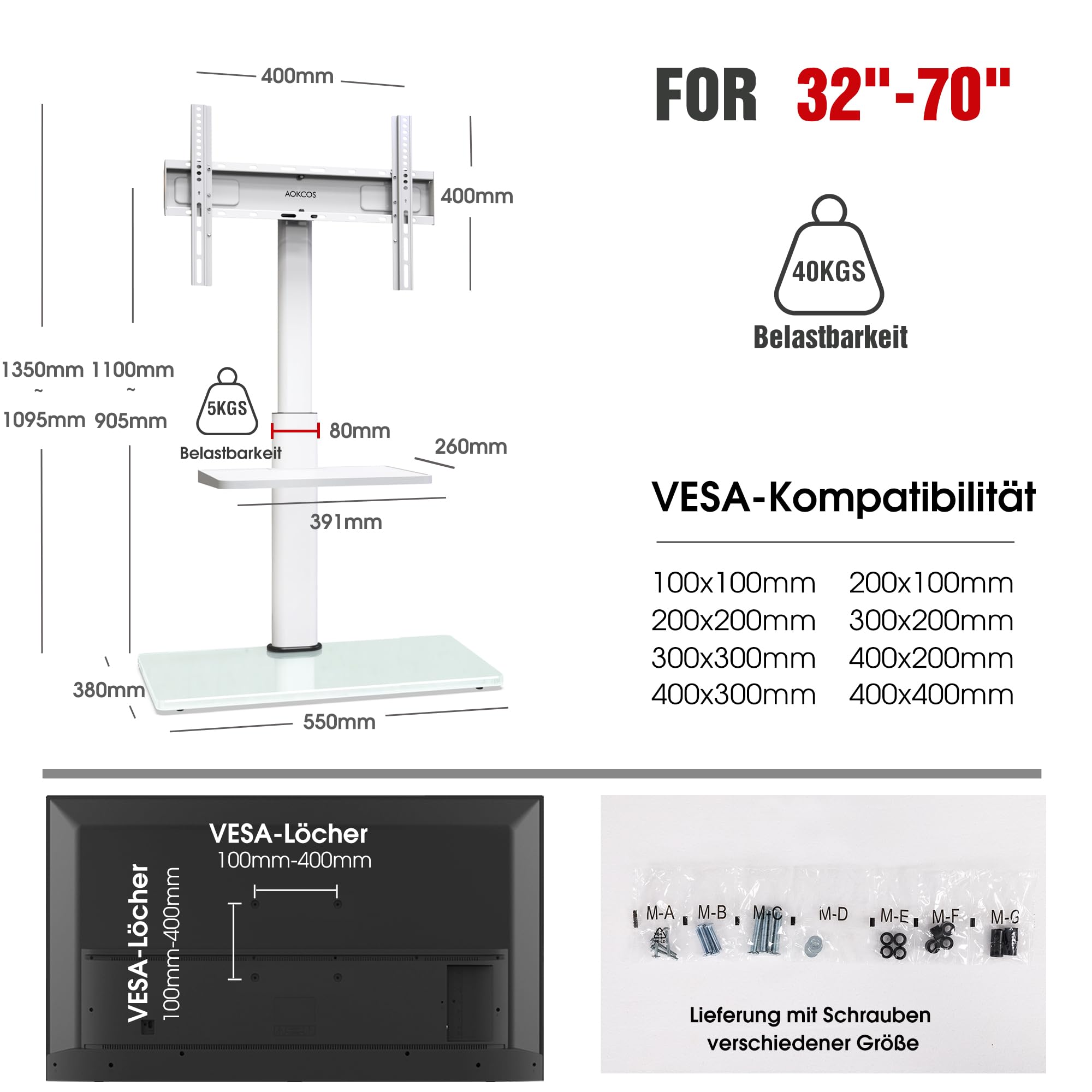 AOKCOS TV Ständer TV Bodenständer für 32-70 Zoll Fernseher bis zu 40 KG, TV Standfuß mit 2 Stufigen Ablagen, Fernsehstand Höhenverstellbar Schwenkbar Neigbar, Max. VESA 400x400mm (Weiß)
