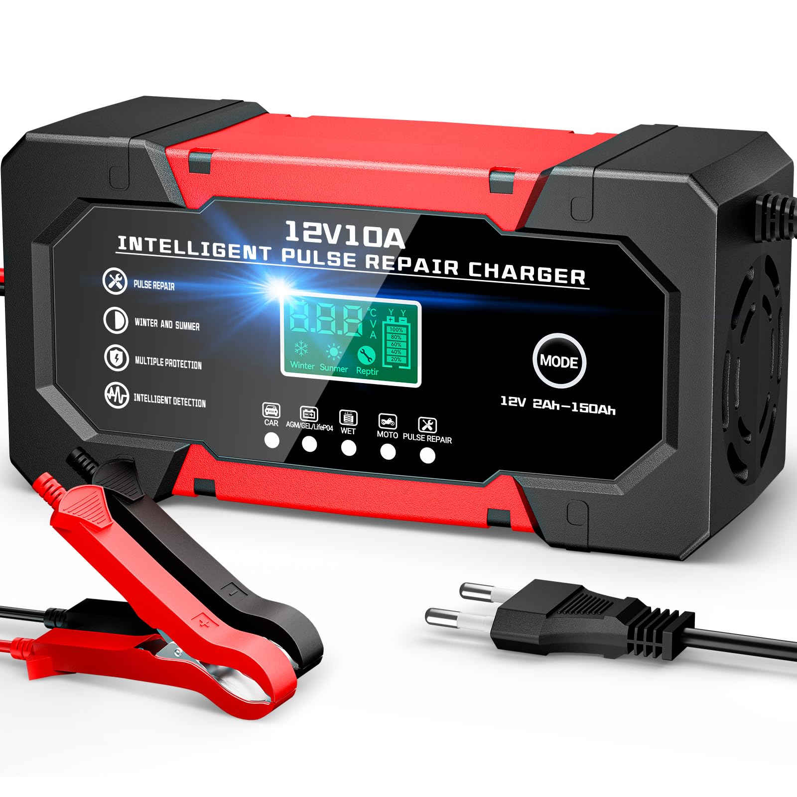 YDBAO Autobatterie Ladegerät 10A 12V Smart Vollautomatische KFZ Batterieladegerät LiFePO4 LCD Display Temperaturkompensation Reparaturmodus Ladegerät für Auto Motorrad Kleintransporter