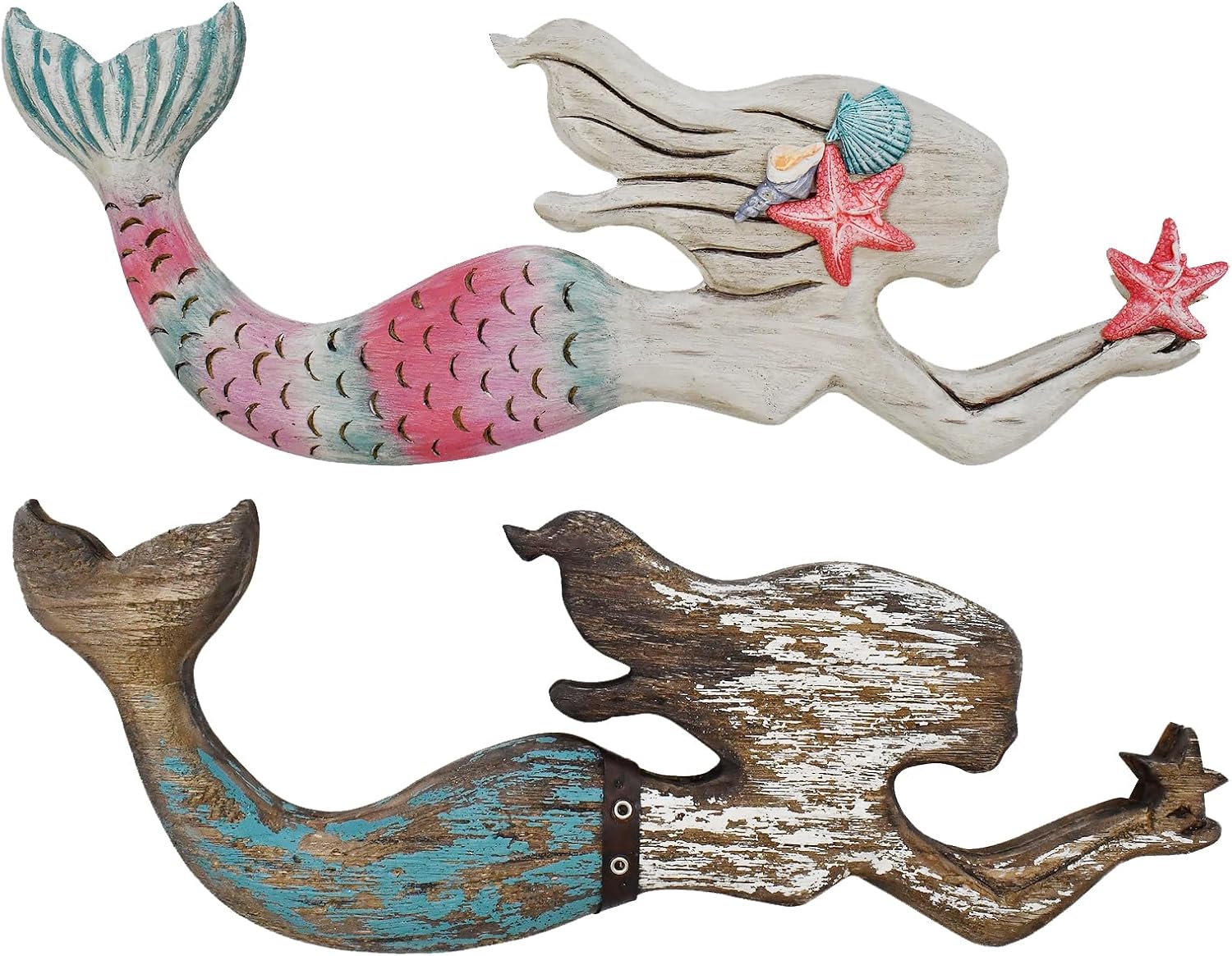 Aecipl Nautical Decor Wood Hanging Mermaid Wall Art Coastal Decorations Distressed Mermaid Sculpture Indoor Outdoor Ocean Beach Themed Decor for Bathroom Patio Swimming Pool (Blue, 17 x 6.5)