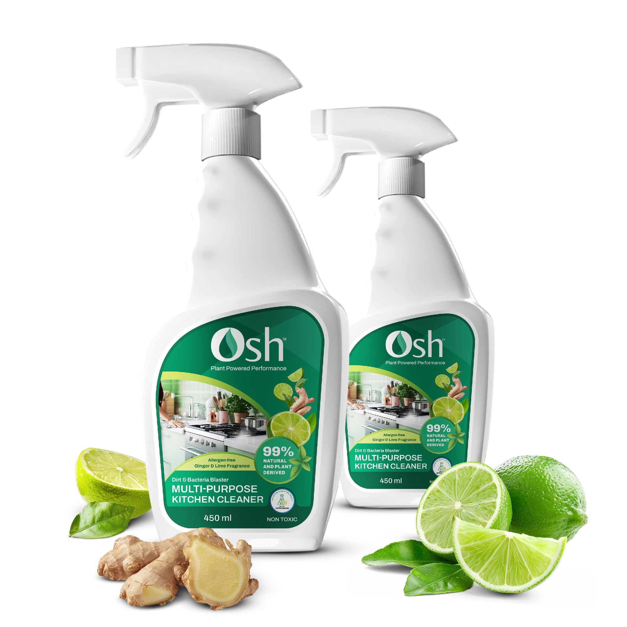 Osh Multipurpose Kitchen Cleaner | 99% natural & plant-derived |Non Toxic| 450ml - Pack of 2 | Fights day-old tough grease | Safe for sensitive skin | Allergen-free fragrance |Natural Kitchen Cleaner|