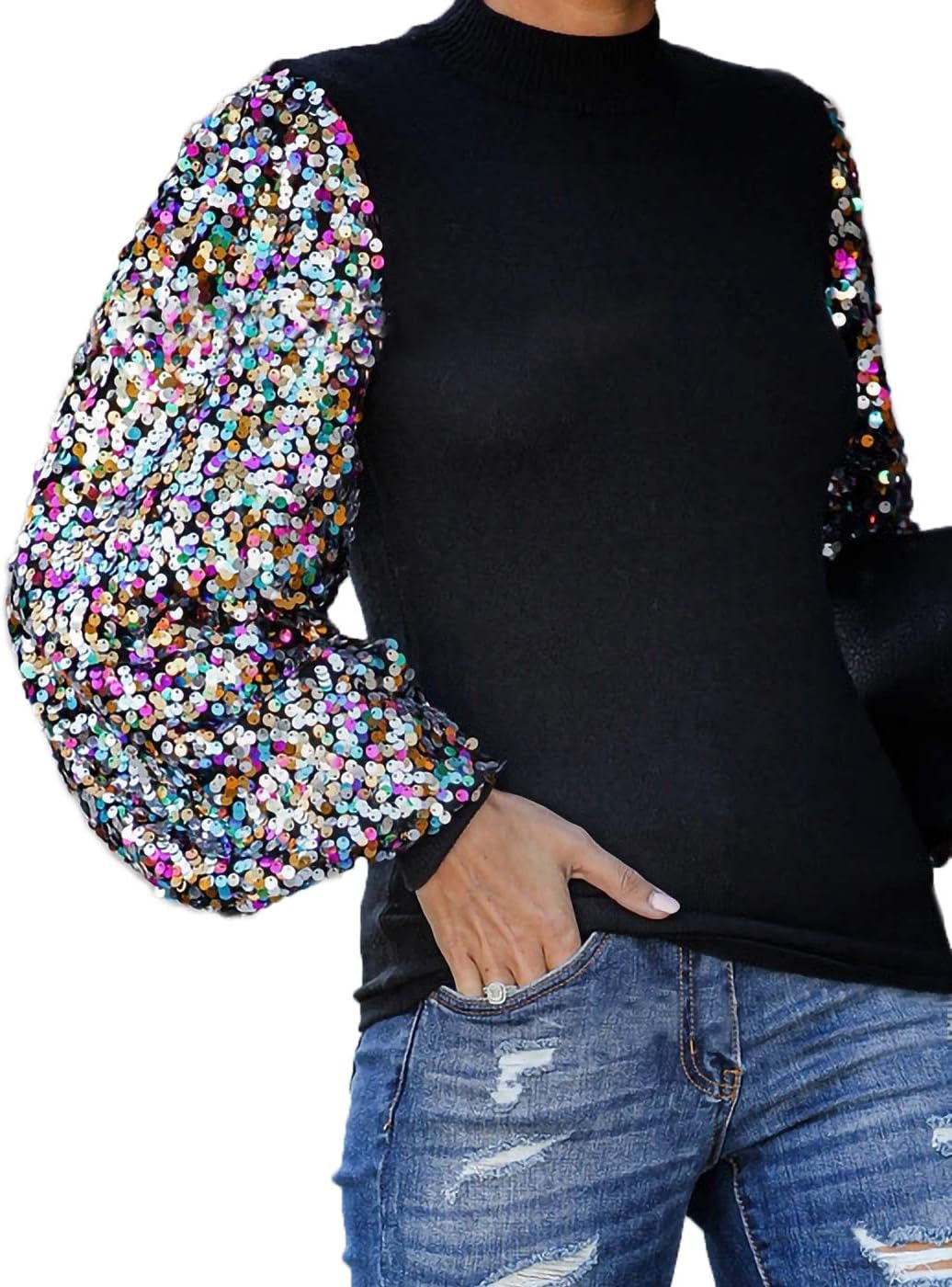 Anna-Kaci Women's Confetti Sequin Balloon Long Sleeve Mock Neck Pullover Sweatshirt - Image 3