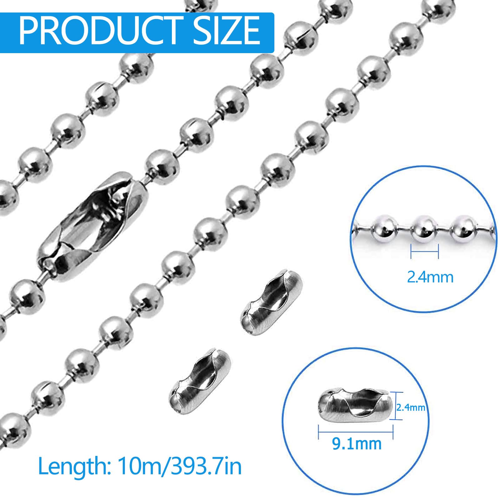 Chaîne à Billes En Acier Inoxydable De 3 M, Taille Des Perles Numéro 10, Fabriquée Aux États-Unis