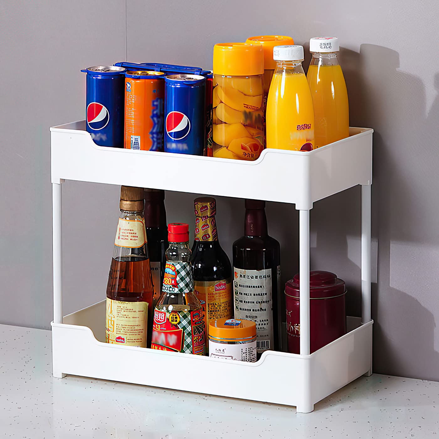 ABK 2 Tier Kitchen Stand Shelf 22 x 40 cm Storage Rack Spice Rack Under-Cabinet Shelf Shower Shelf in Bathroom Kitchen Organiser Cosmetics & Makeup, White