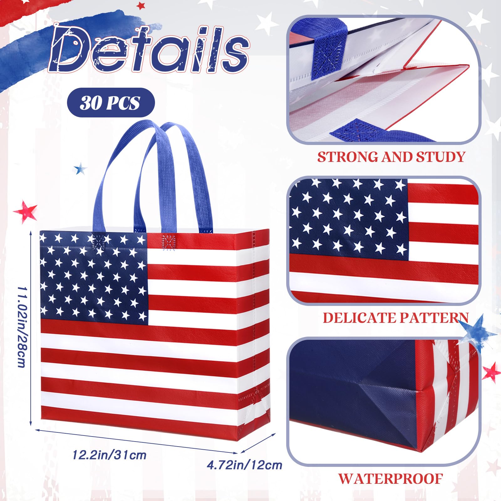 Abbylike 30 Pcs American Flag Gift Bag Large 4th of July Patriotic Shopping Bag with Stars and Stripes Reusable Non Woven Tote for Independence Day Birthday Party Supplies, 12.2 x 11.02 x 4.72 Inches