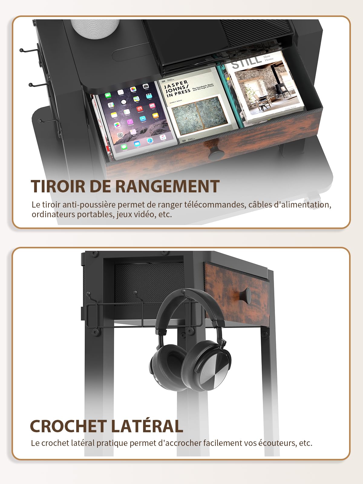 Maiproo Meuble TV sur roulettes avec tiroir en Tissu pour écrans Plats/incurvés de 32 à 75 Pouces, Hauteur réglable, LCD/LED/OLED, avec Espace de Rangement, Chariot TV Mobile sur Roues jusqu'à 100 kg