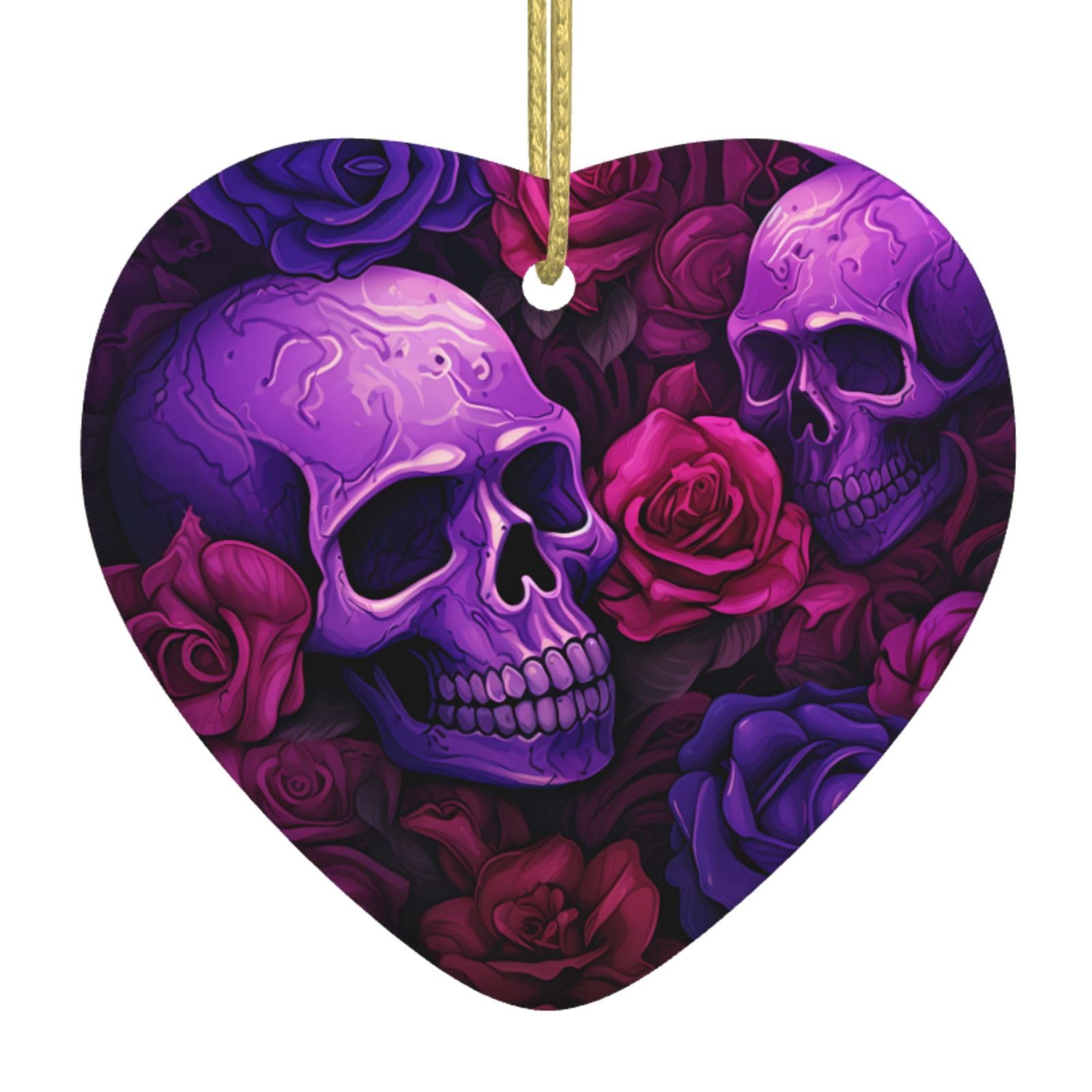WZYWHJ Christmas Ceramic Heart Pendant Decoration for Tree Hanging Festival Ornaments purple skulls and roses Prints