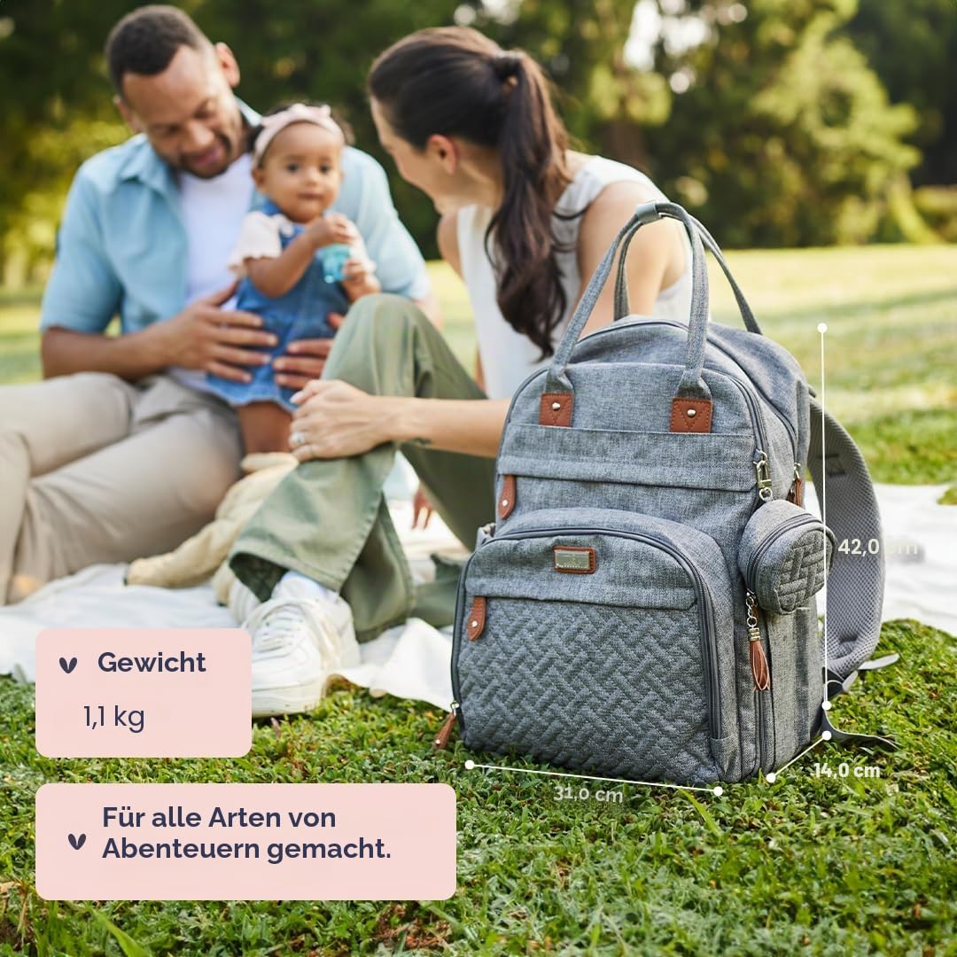 BabbleRoo Wickeltaschen-Rucksack, multifunktional, wasserdicht, Reise-Rucksack mit Wickelunterlage und Kinderwagengurten und Schnulleretui, Unisex und stilvoll (dunkelgrau)