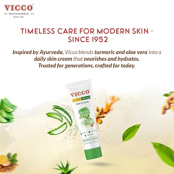 Vicco Turmeric Aloe Vera Skin Cream Natural Face Moisturizer with Turmeric & Aloe Vera, Ayurvedic Inspired Skincare for Everyday Use, 2.82 oz Tube (Pack of 2)