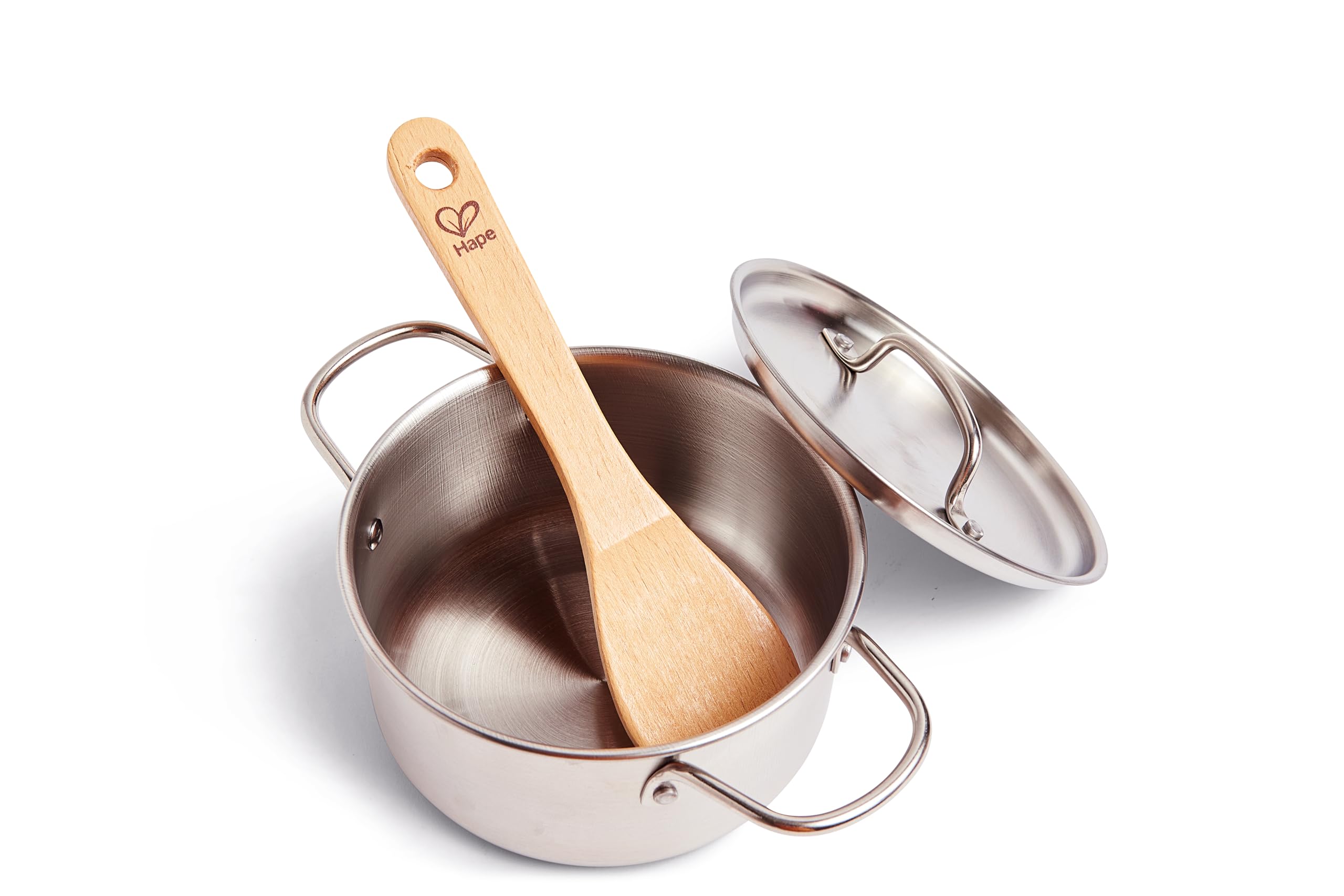 Hape Kochset für Küchenchefs – 7-teiliges Küchenzubehör aus Edelstahl mit Topf, Pfanne & Kochlöffel, Rollenspiel-Kochset, ab 3 Jahren