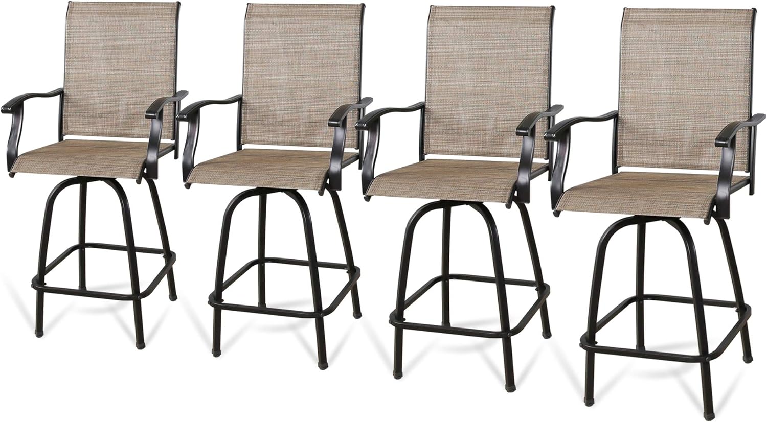PEAK HOME FURNISHINGS 4-Piece Outdoor Swivel Bar Stools, Textilene Patio Seating Height Bar Chairs with High Back and Armrest (Sling Seat, Set of 4)