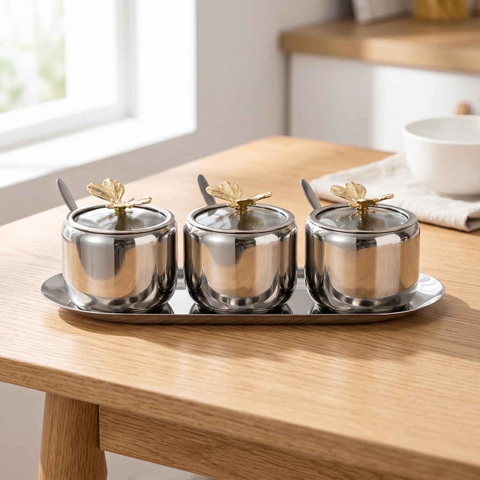 3 Stück Gewürzglas mit Tablett kompakt Gewürzbehälter mit Tablett praktisch Gewürzbehälter-Set für Gastgeber, Esstisch