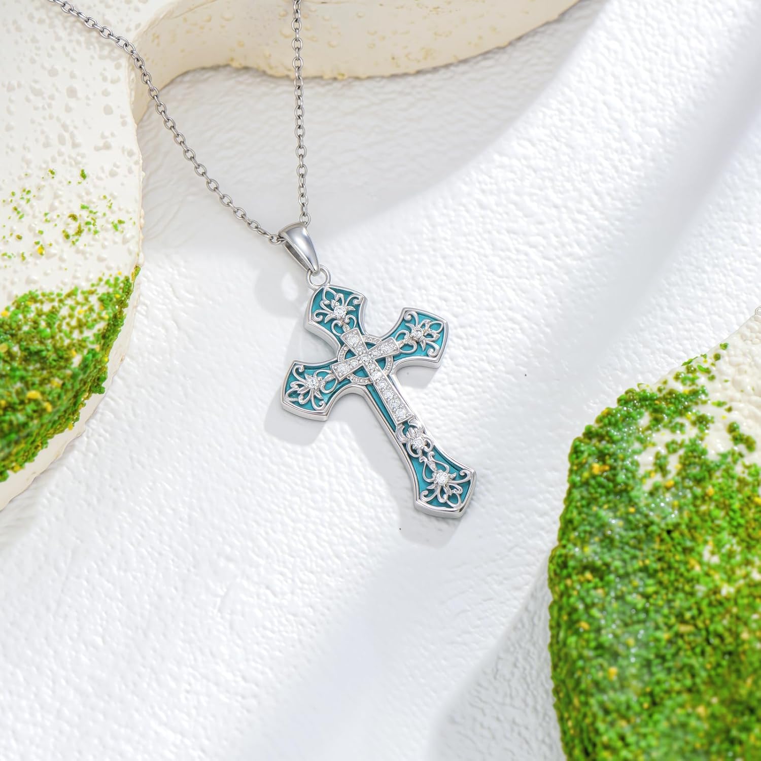 Moissanite Cross Necklaces for Women, 925 Sterling Silver Turquoise Cross Pendant Necklaces, Dainty Moissanite Cross Choker Necklace Religious Jewelry Anniversary Birthday Christmas Gift for Women Mom Wife - Image 4