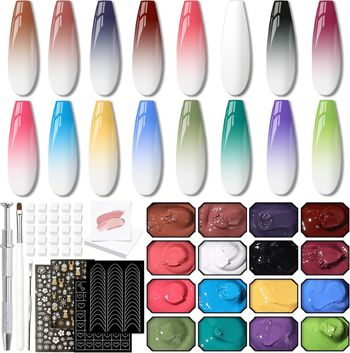 Ombre Gel Polish Palette,16Colors Pat Gel Paint Nail Art Kit Sponge Patting | More fun by patting gel: ombre, gradient, blush, blooming, stamping, painting, blending colors. 100sponges 1grabber. No-wipe