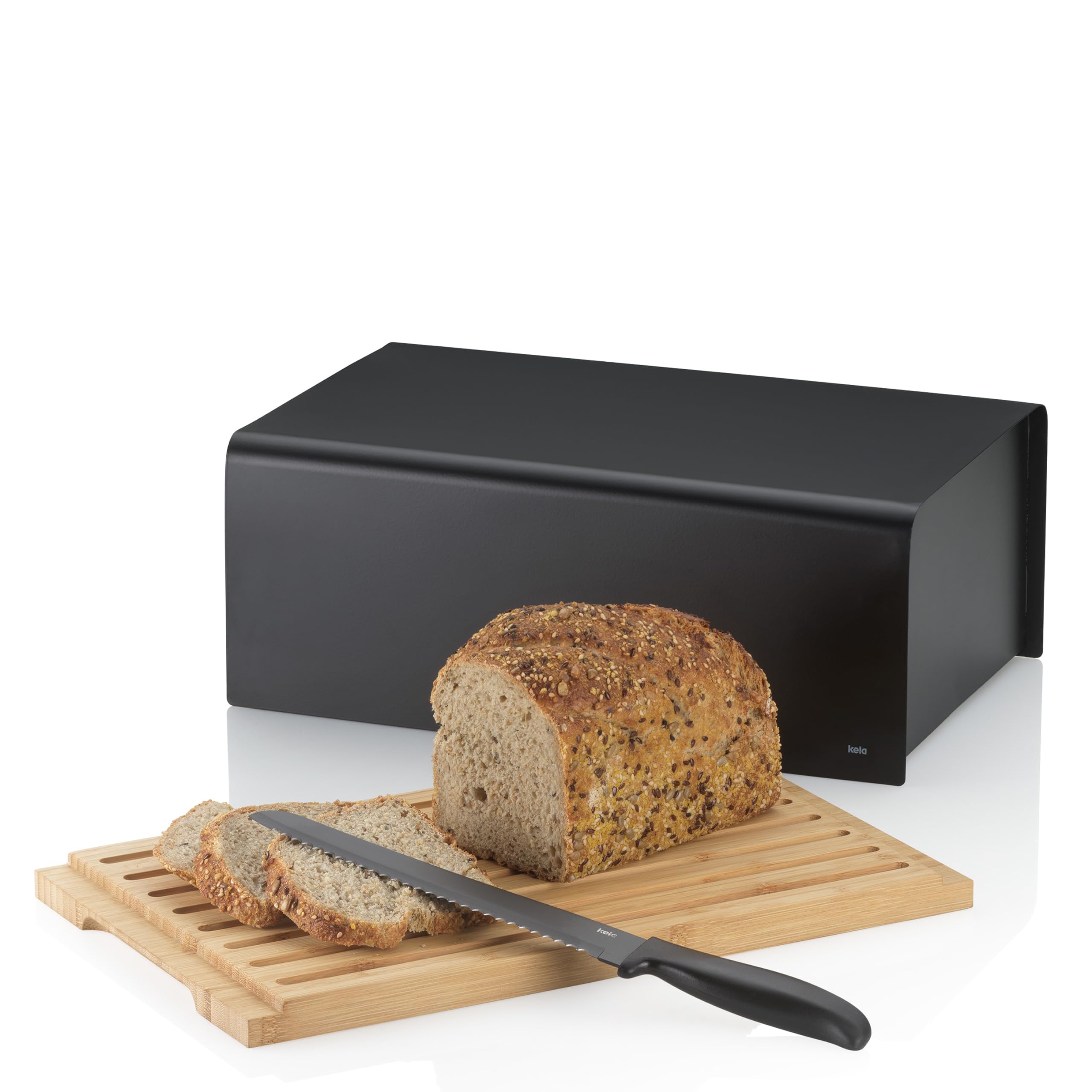 kela Brotkasten schwarz 38x23x16cm, FSC Bambusauflage als Schneidebrett, matte Metall Brotbox, KIRIL, Brotaufbewahrungsbox