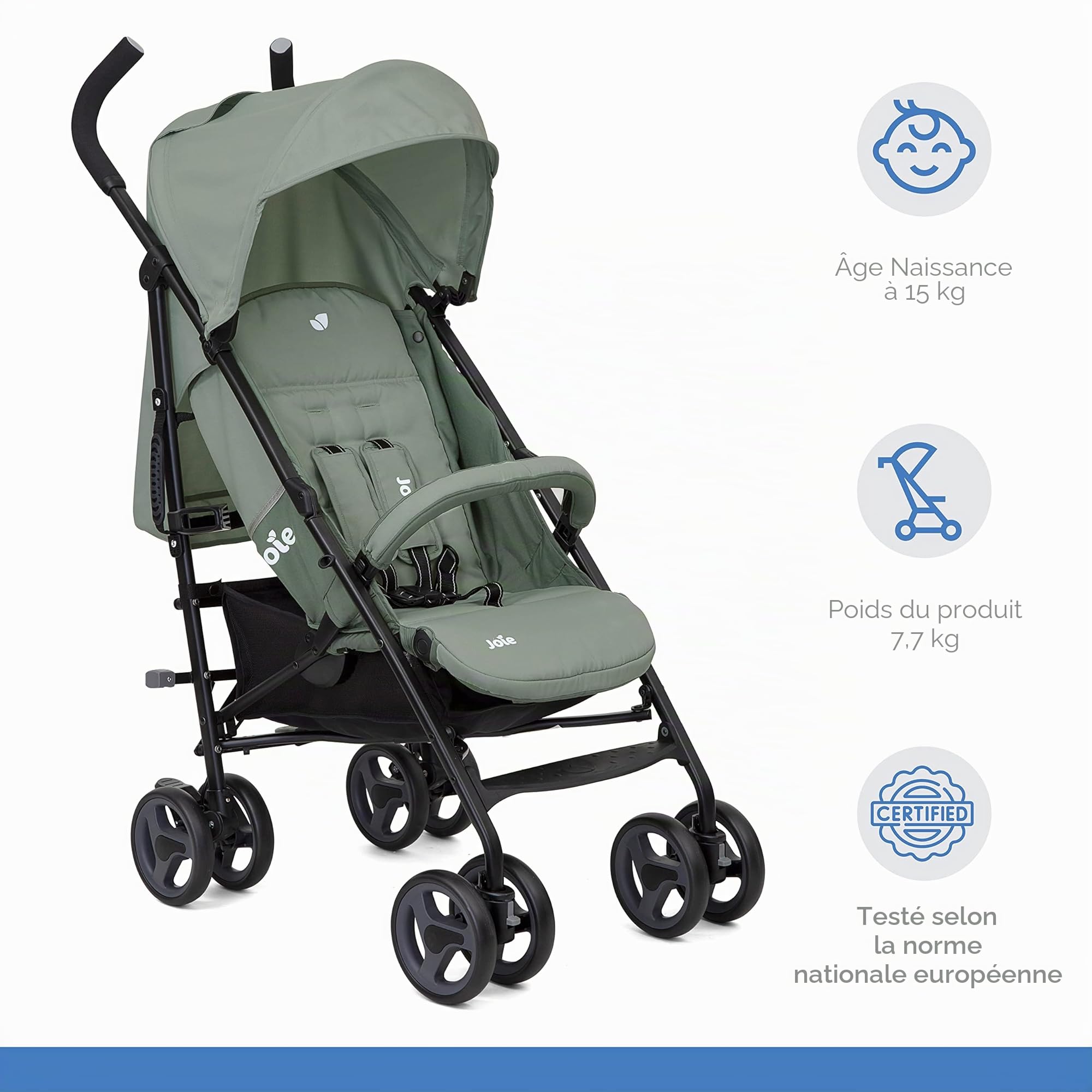 Joie Nitro LX Poussette Canne Légère et Compacte, Poussette Voyage Pliable 7,7 kg, Dossier Inclinable Position Allongée, Suspension Intégrale, Vert Laurier