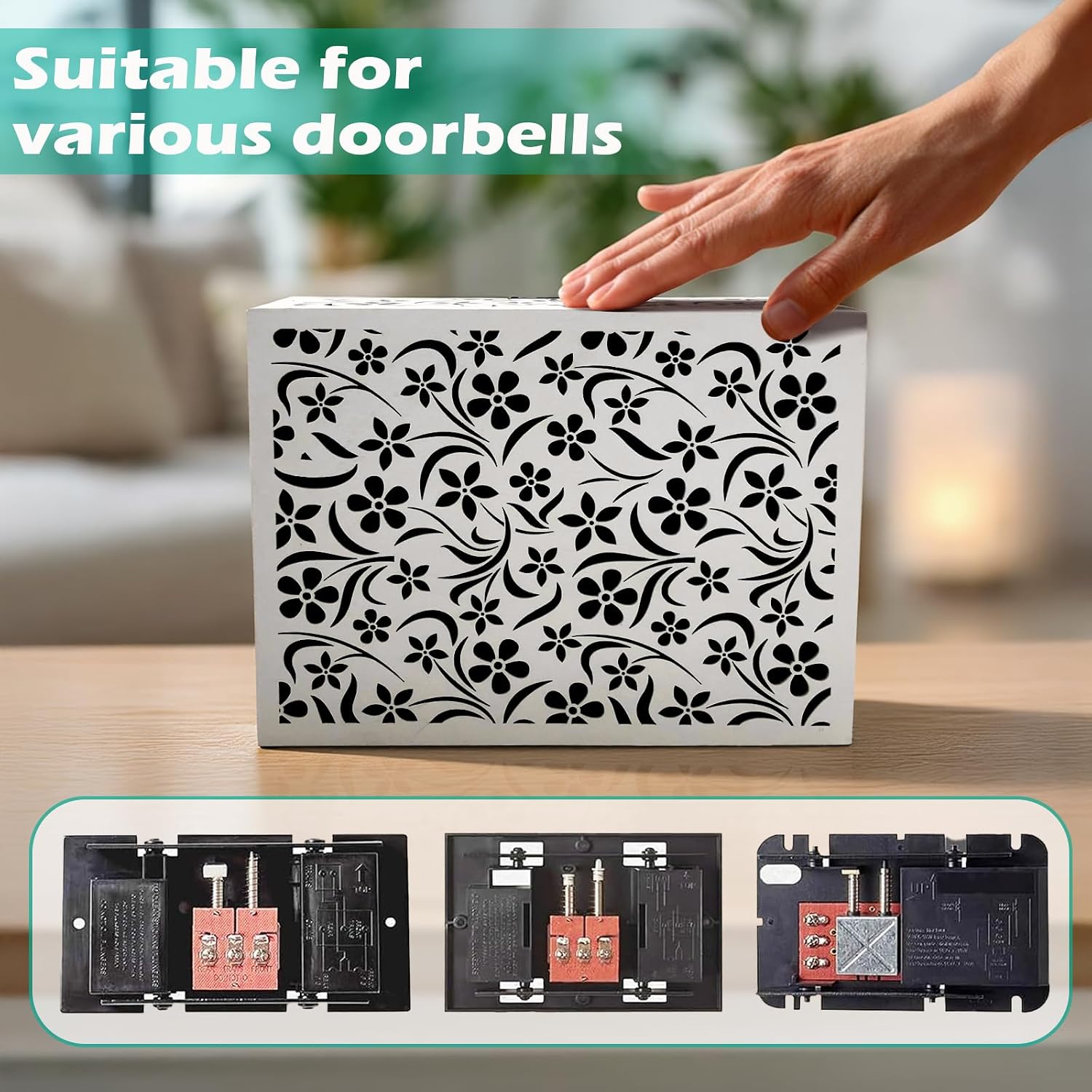 Modern Wooden Doorbell Chime Cover Box – Large Decorative Wall-Mounted Doorbell Cover for Home Decor – Reducing Wood Door Chime Box Only, White – Stylish Upgrade (FLORAL LATTICE DESIGN)