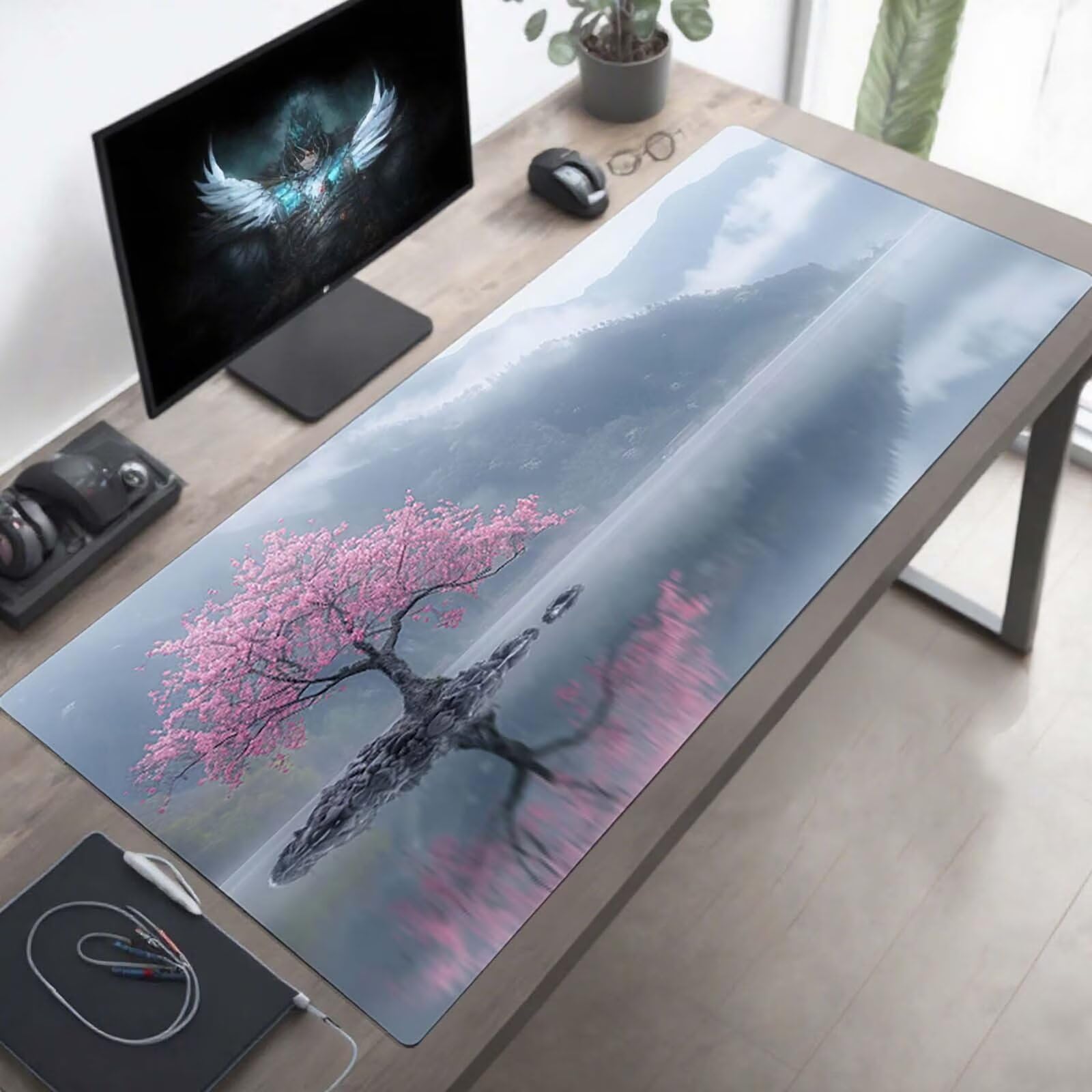 Podkładka pod mysz, gamingowa podkładka pod mysz, drzewo, 160 x 80 cm, duża mata pod mysz, różowa podkładka na biurko, antypoślizgowa gumowa podstawa, akcesoria na biurko, wodoodporna, zszywane