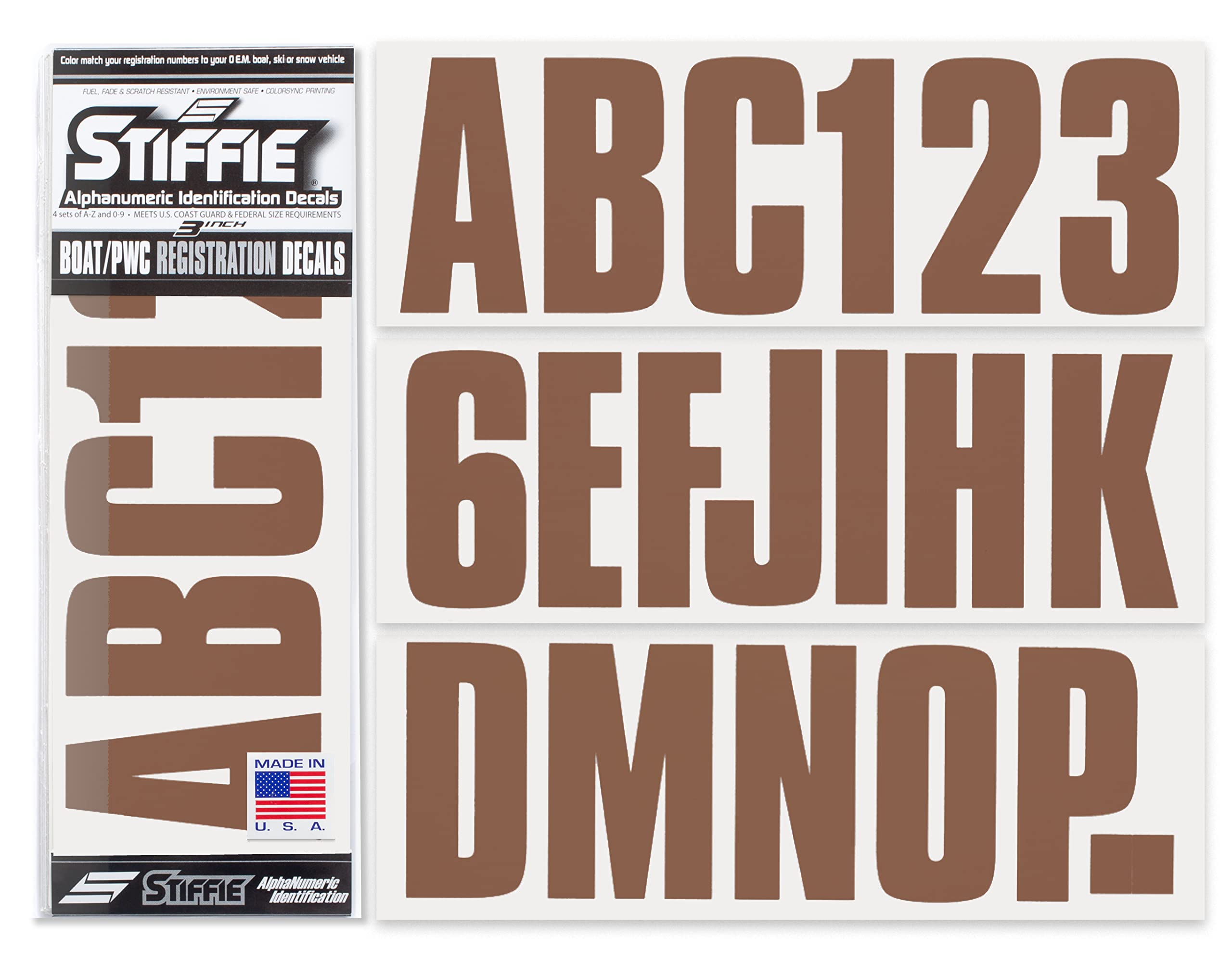 Stiffie UNILINE 3" Alpha-Numeric Registration Identification Numbers Stickers Decals for Boats &amp; Personal Watercraft (Brown)