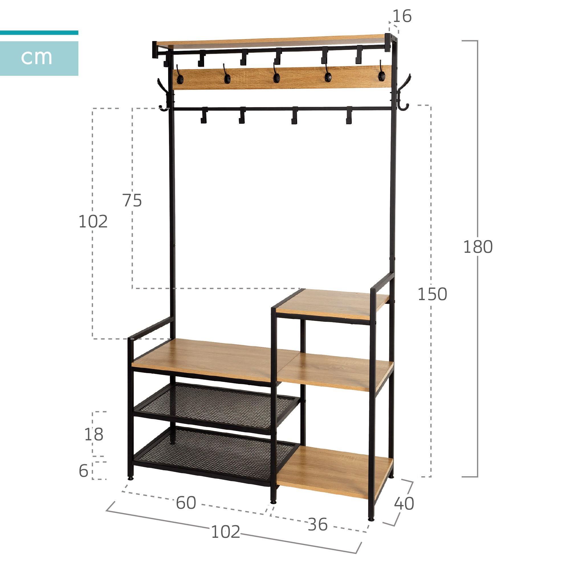AKTIVE Max Home Zapatero entrada recibidor y perchero de pie, 17 ganchos y 4 estantes, 102x40x180 cm, Industrial, Recibidores, Estantería, Patas nivelables, Zapateros, Percheros pared (18429)