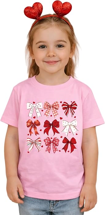 Toddler Baby Girls Valentine Shirt Heart Bow Graphic Tee Cute Valentines Day Outfit Short Sleeve Cotton Top