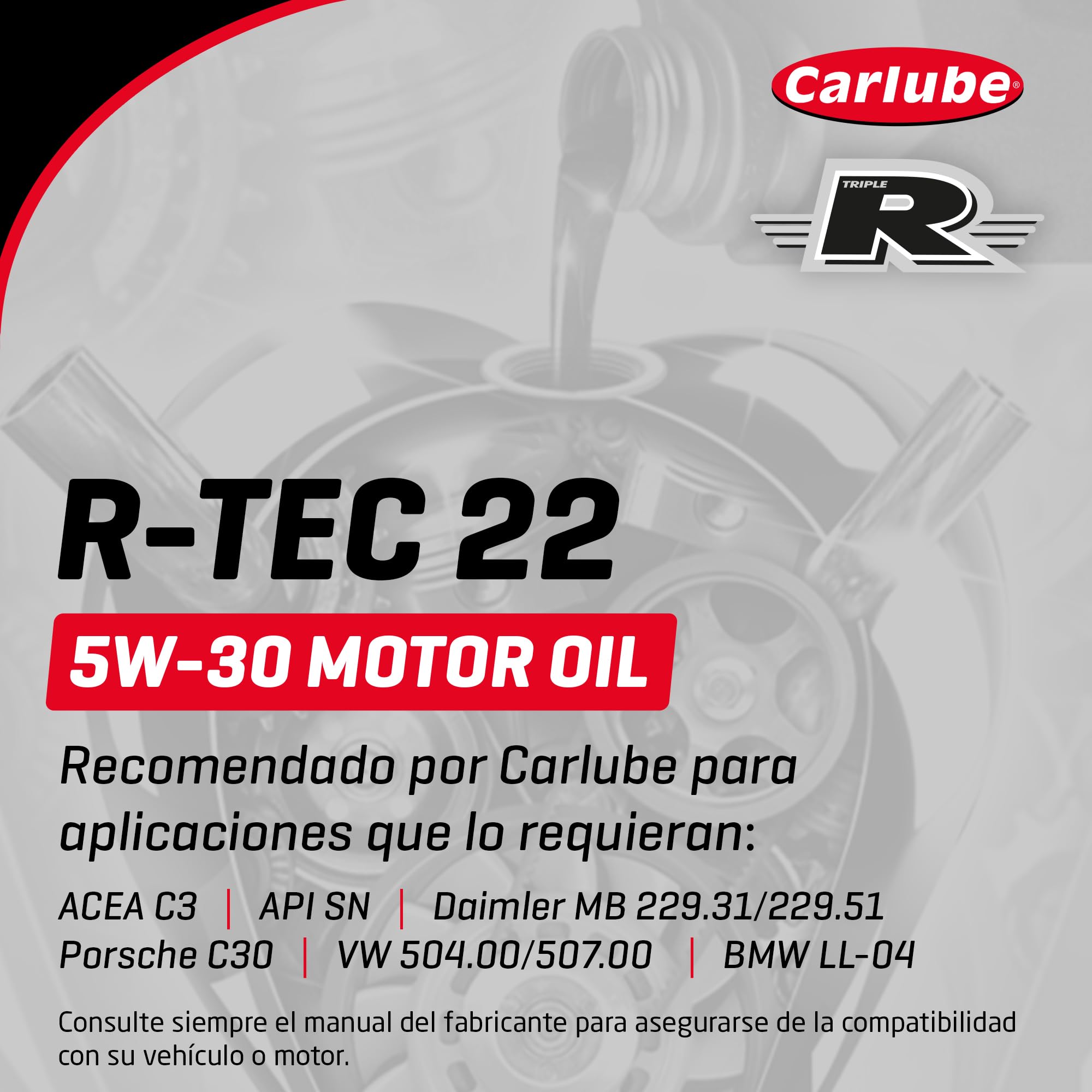 Carlube Triple R 5W-30 VW Aceite Totalmente Sintético R-TEC 22 para Porsche, Volkswagen y BMW, ACEA C3, API SP