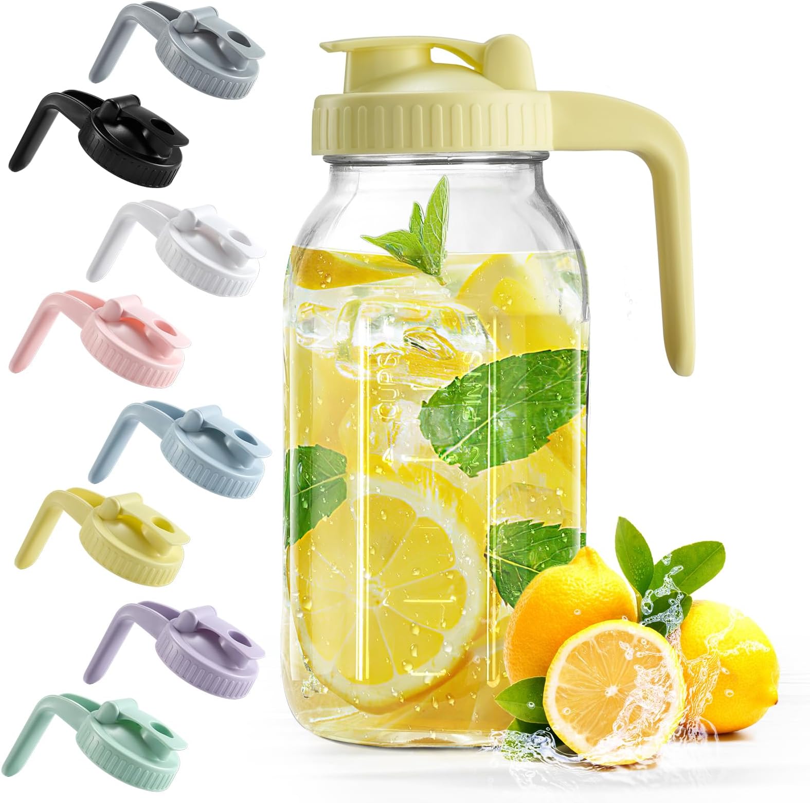 Mason Jar with Pour Spout Lid V-shaped, 2 Quart Iced Tea Pitcher Double Leak Proof, 64 oz Drink Pitcher for Breastmilk, Sun Tea, Juice, Coffee Creamer