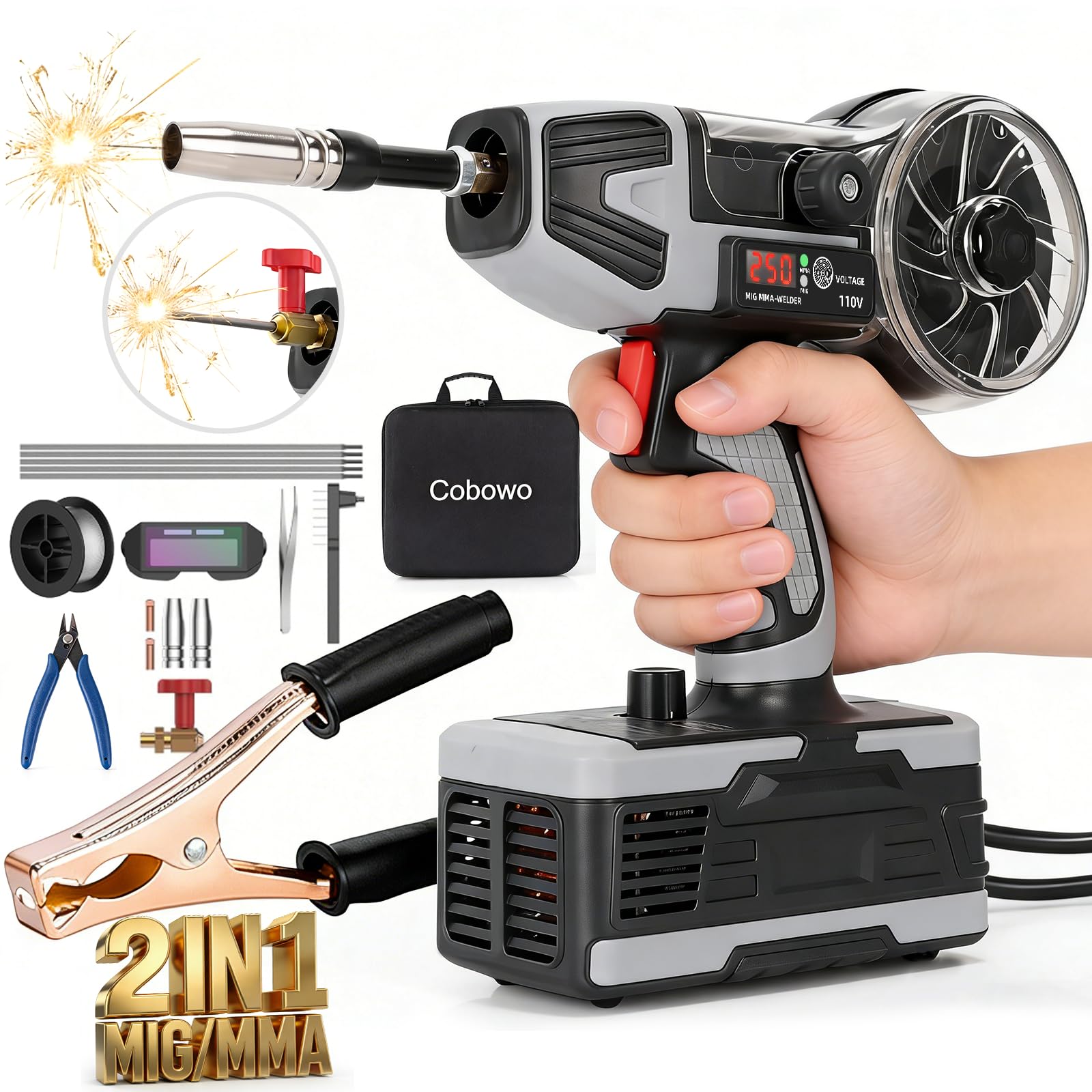 Soldador MIG y Stick 2 en 1: soldador MIG y MMA de 250 A, núcleo de flujo de 110 V, inversor IGBT, soldador de alimentación de alambre sin gas para flujo de 0.32 pulgadas/.40 pulgadas, pistola de