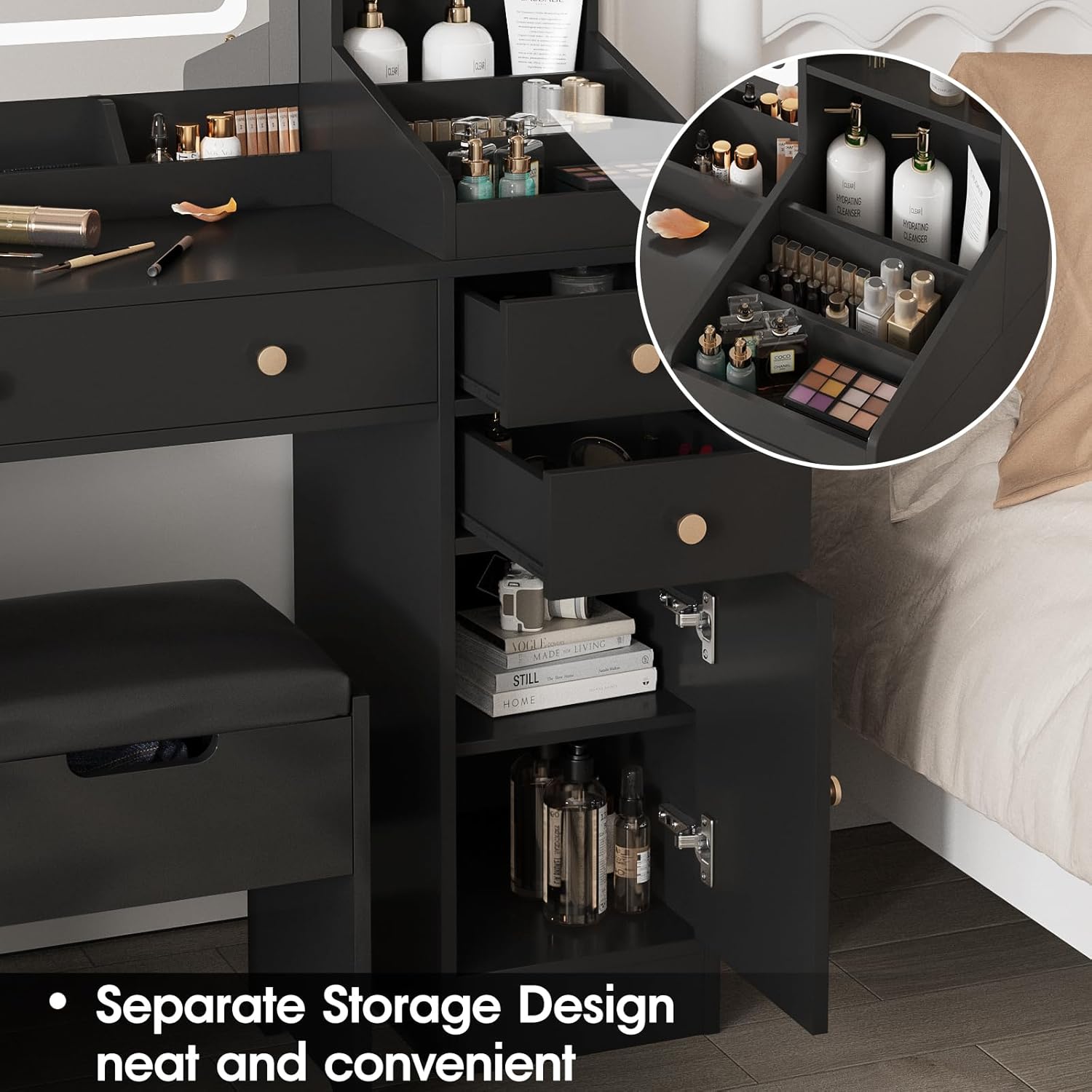Close-up of separate storage compartments for cosmetics and accessories