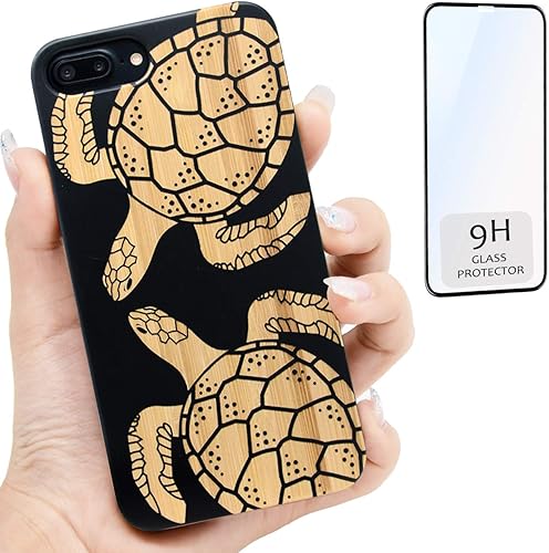 iProductsUS - Funda de madera para teléfono compatible con iPhone 8 Plus, 7 Plus, 6 Plus, 6s Plus y protector de pantalla, funda de bambú negro con