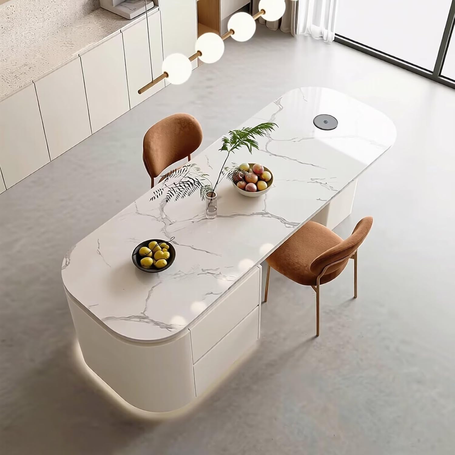 Kitchen Island with Storage - Modern Slate Top Kitchen Island Sleek Curved Design with Drawers,Side Storage & Underlight Features for 2 People (55IN No Chairs)