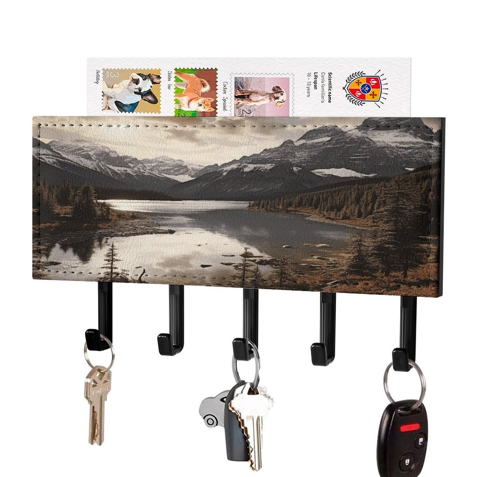 FekiLoot Landscape Key Holder Wall Mount Key Hanger with 5 Hooks Decorative Key Rack Hanging Key Hooks with Mail Organizer Key Holder for Wall Living Room Kitchen Bathroom Hallway Black