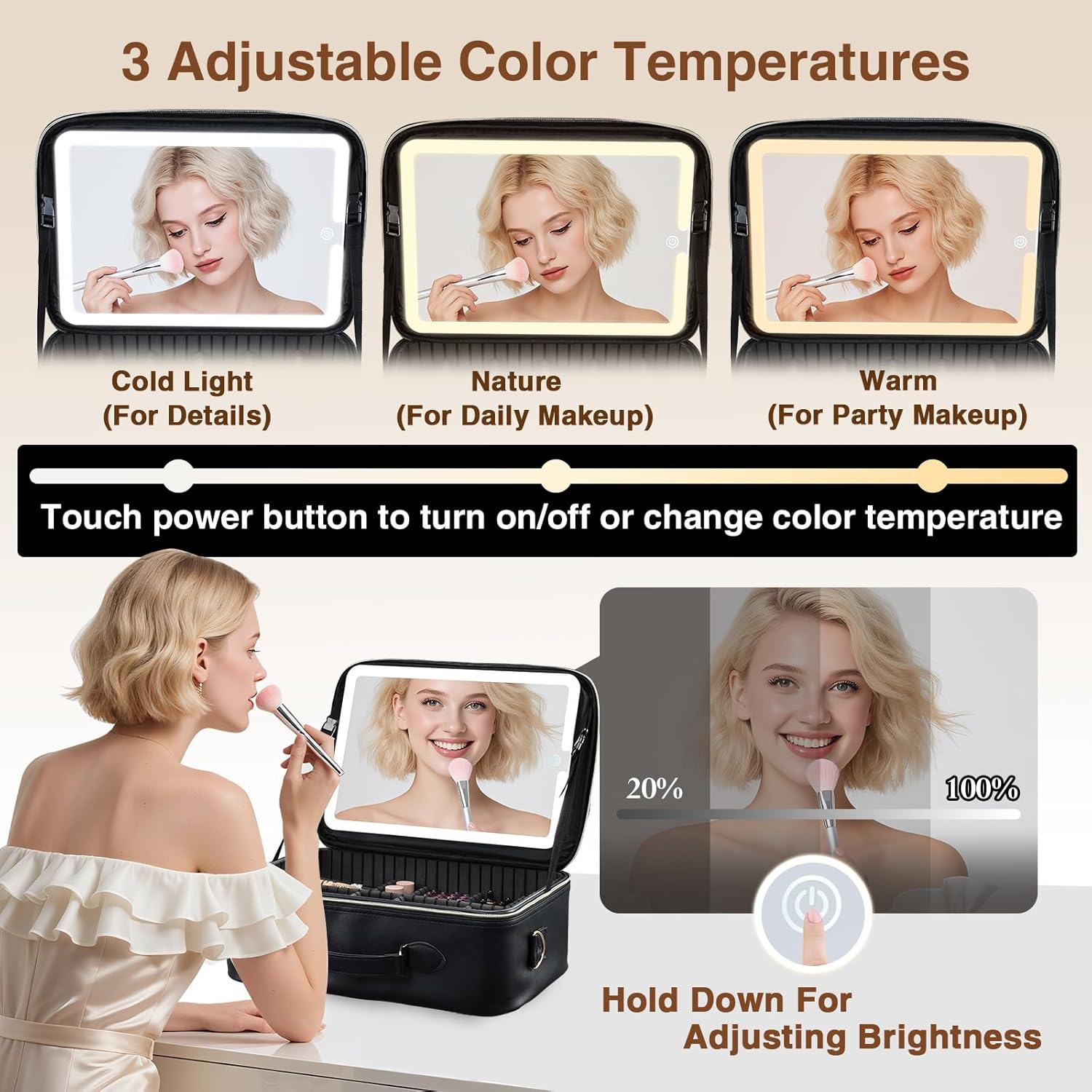 Large Makeup Bag with LED Mirror,Travel Cosmetic Train Case for Makeup Artists,Makeup Organizer Case with Divider Rechargeable Vanity Mirror with 3 Color Lights for Barber,MUA,Nail Tech, Black