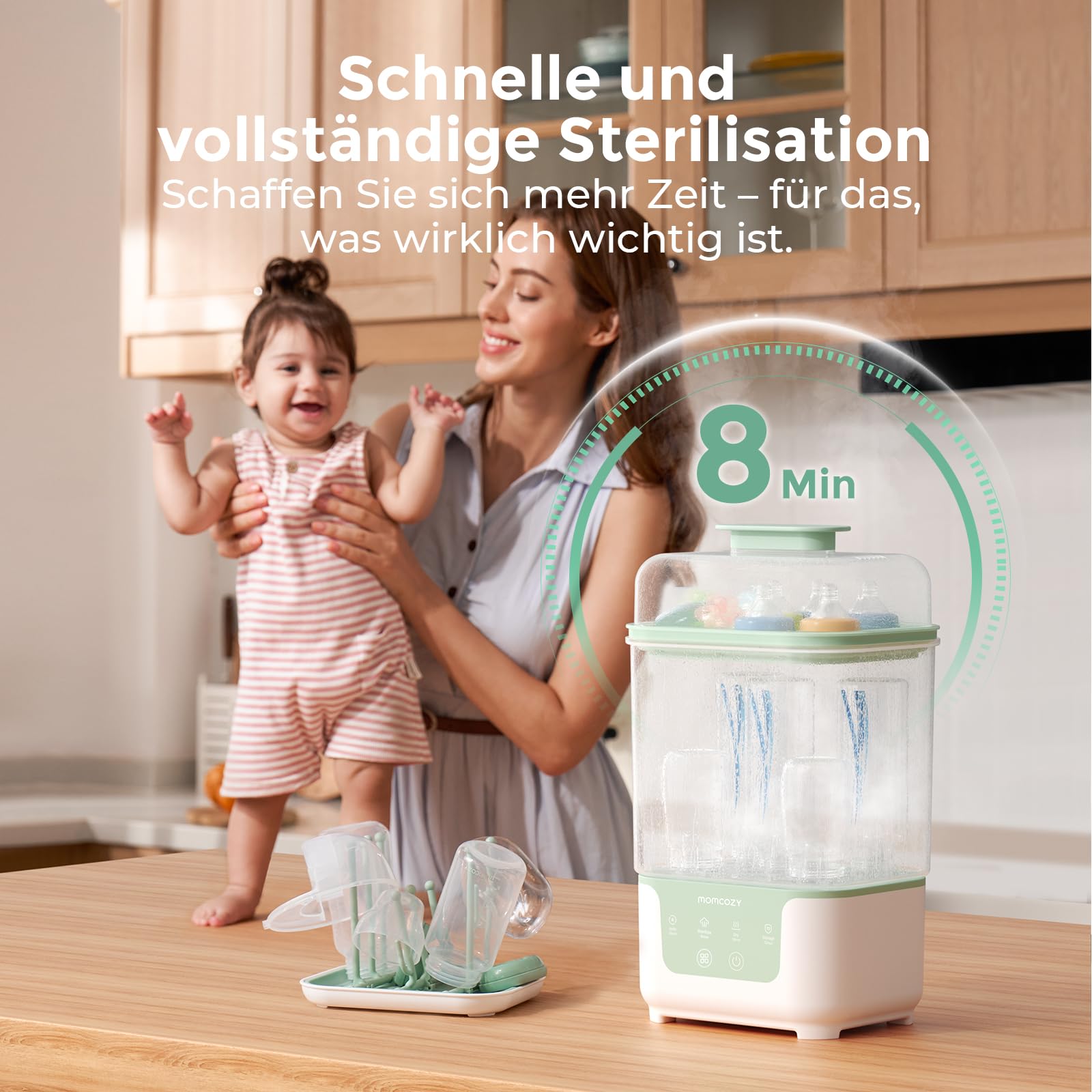 Momcozy Dampfsterilisator und Trockner für Babyflaschen | 4-in-1 kompakte Flaschensterilisator mit Trocknerfunktion | 6 Flaschen, 8 Min Schnellsterilisation, BPA-frei | Für Milchpumpe Zubehör
