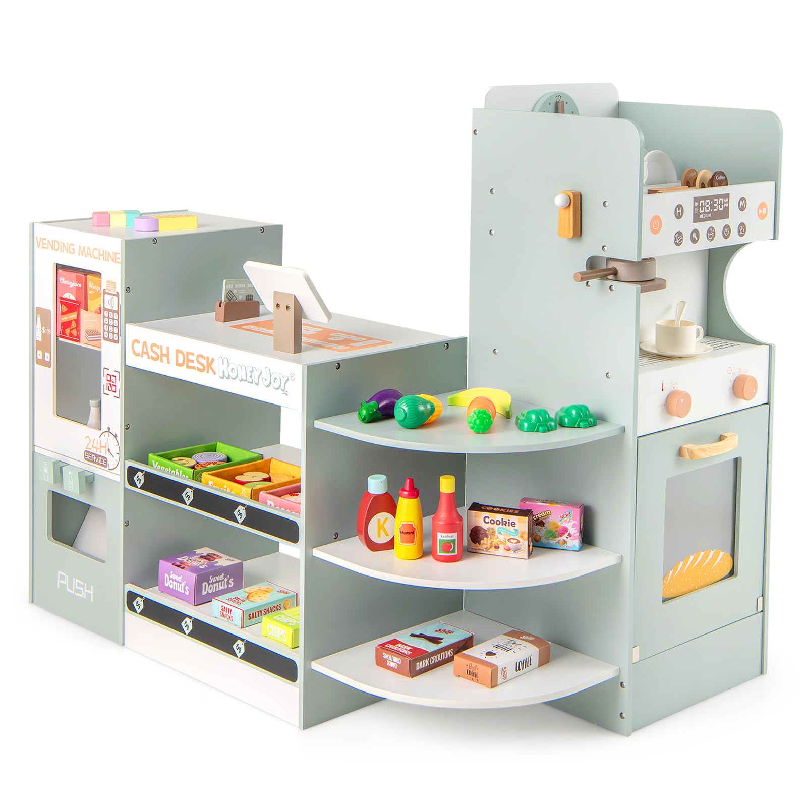 COSTWAY Mercato Giocattolo per Bambini con Cassa, Negozio Giocattolo in Legno con Macchina Caffè e Distributore Automatico, Banco Mercato Giocattolo con Scaffali e 30 Accessori, per Bambini 3+ Anni