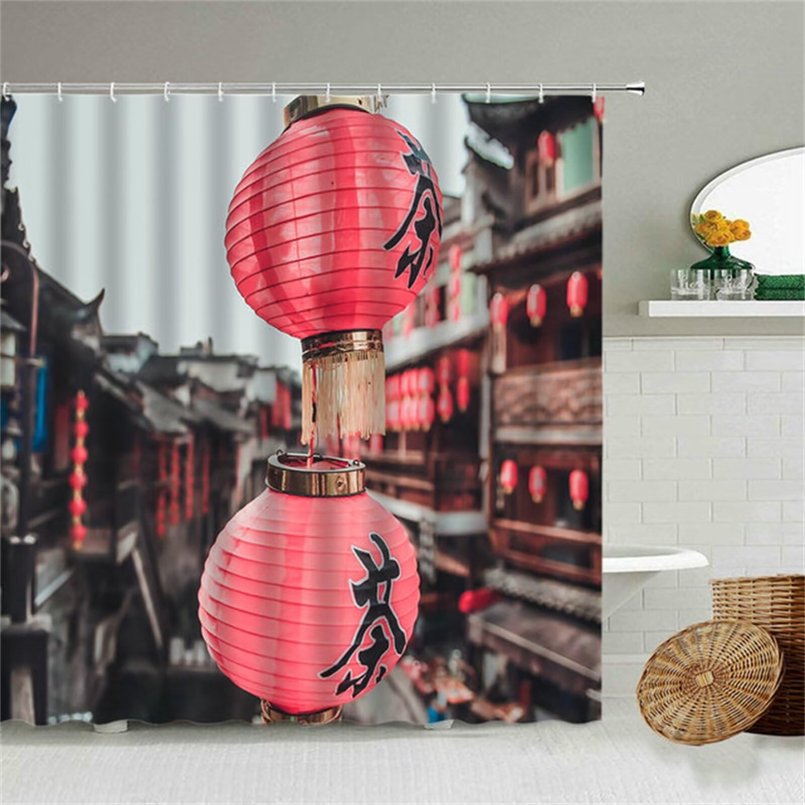 Tenda Doccia Antimuffa Impermeabile 3D Rurale Rosa 90x180cm Con 12 Ganci Antiruggine – Poliestere Lavabile - 3