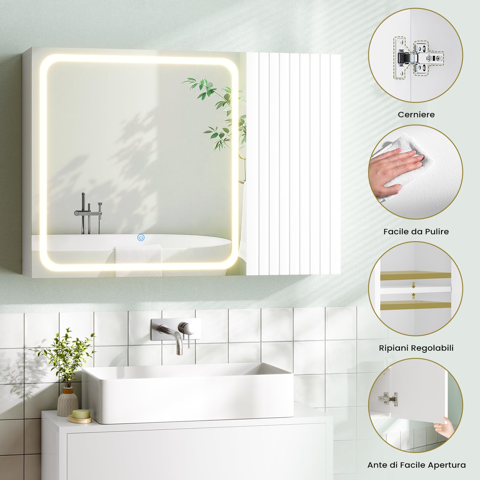 Specchio Bagno Contenitore 80x60x16cm con Luce LED, Specchiera Bagno con Scaffali Regolabili, Mobile Bagno Sospeso con Specchio ad Alta Definizione, Tre Tonalità Colore, Touch Control, Bianco