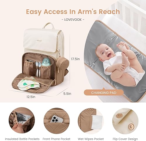 Miniatura 5 de LOVEVOOK Mochila para pañales, bolsas de viaje para bebés para niños y niñas, bolsa de pañales impermeable para niños pequeños con cambiador (beige
