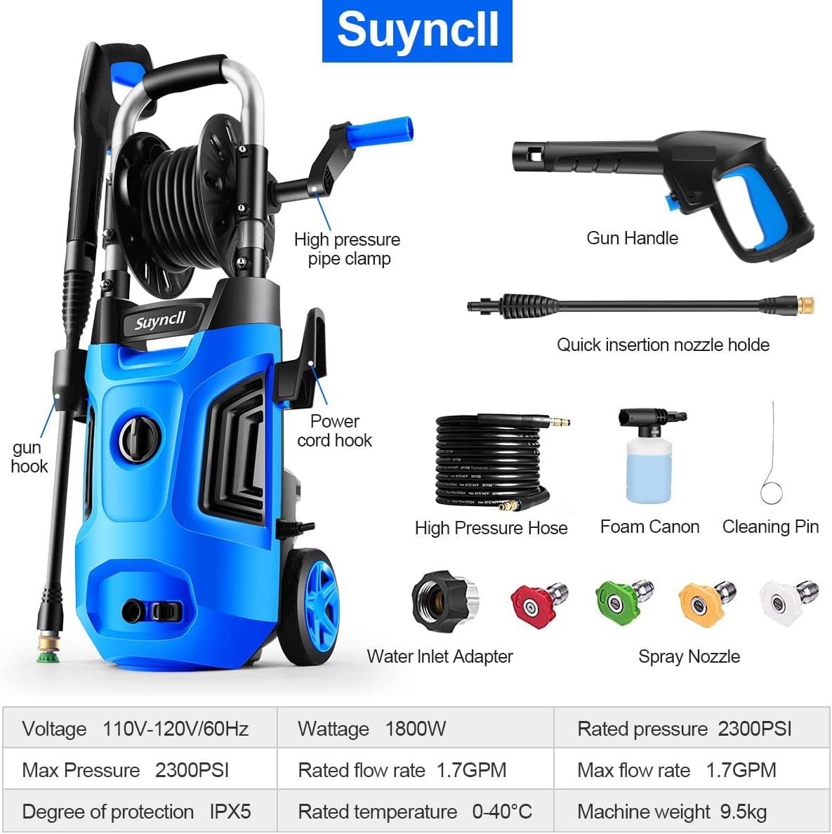 Power Washer, Suyncll Pressure Washer Electric High Pressure Washer 1800W Professional Car Washer Cleaner Machine ,4 Nozzles for Patio Garden Yard Vehicle : Patio, Lawn & Garden