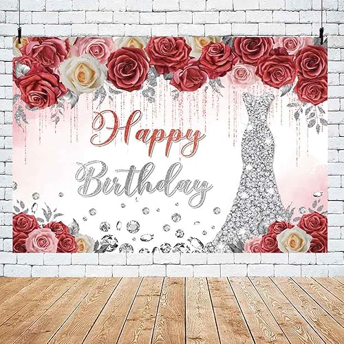 Miniatura 5 de Telón de fondo de feliz cumpleaños de 8 x 6 pies, vestido plateado floral rojo, fondo de fotografía, goteando purpurina de cristal plateado,