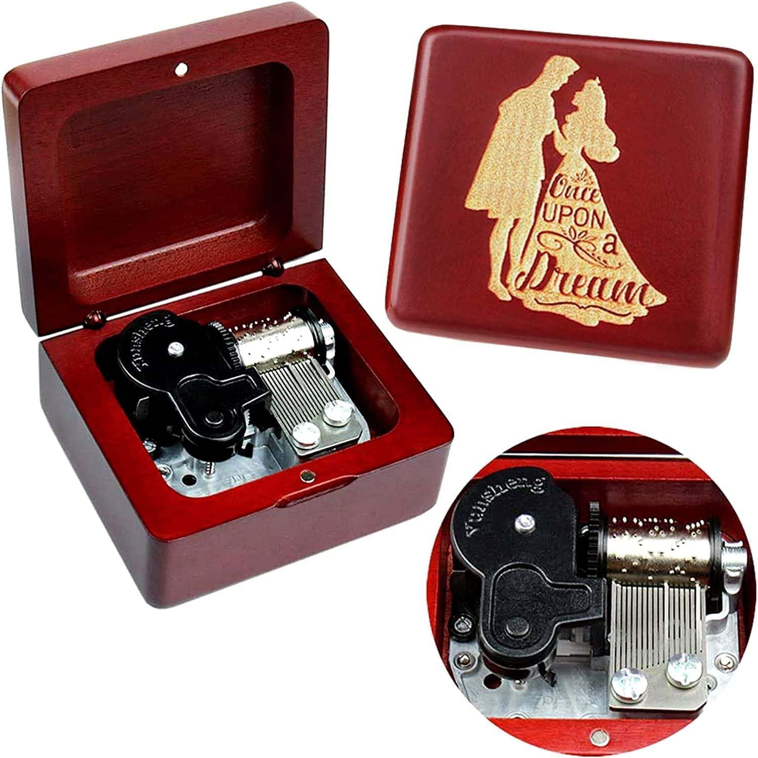 Sinzyo Music Box Vintage Wood Carved Wind Up Musical Box Gift For Christmas,Birthday,Valentine's Day Wine Red