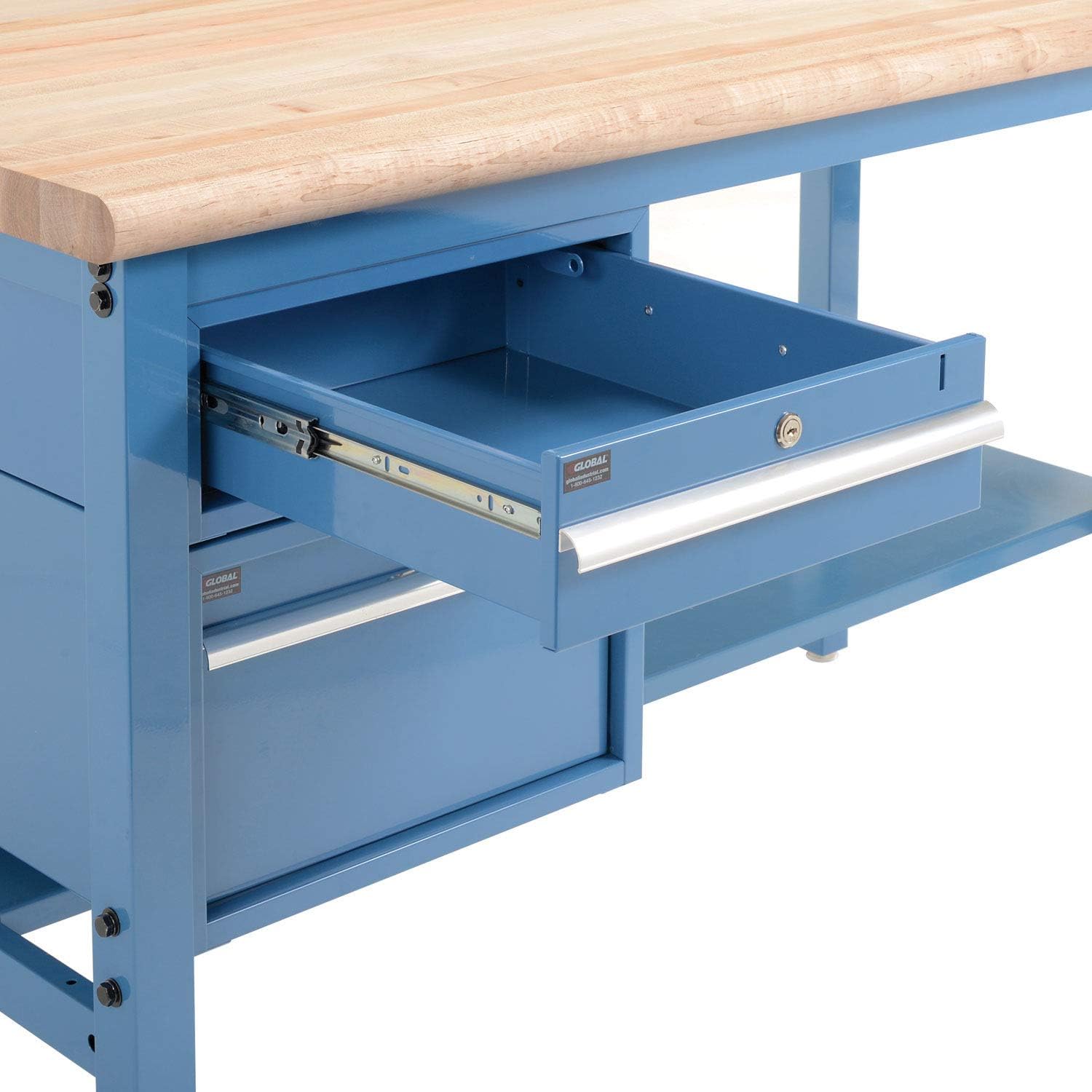 Global Industrial 72" W x 36" D Workbench, 1-3/4" Thick Maple Top Square Edge with Drawers & Shelf, Blue