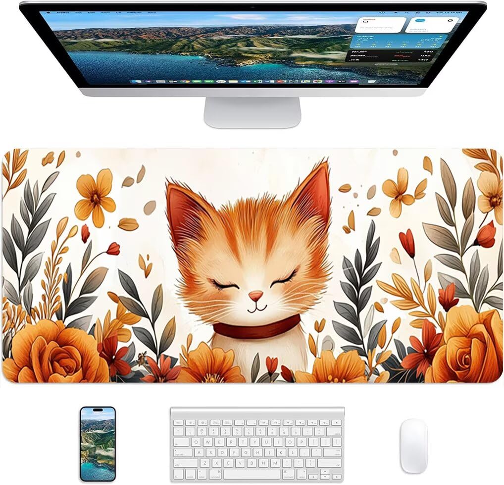 Wxuaixnn Gatto Tappetino Mouse Gaming XXL 120x60cm Tappetino Scrivania, Impermeabile Tappeto Mouse con Base in Gomma Antiscivolo, Non-Slip Rubber Base, Bianco Mousepad XXL per Gamer e Ufficio -10014