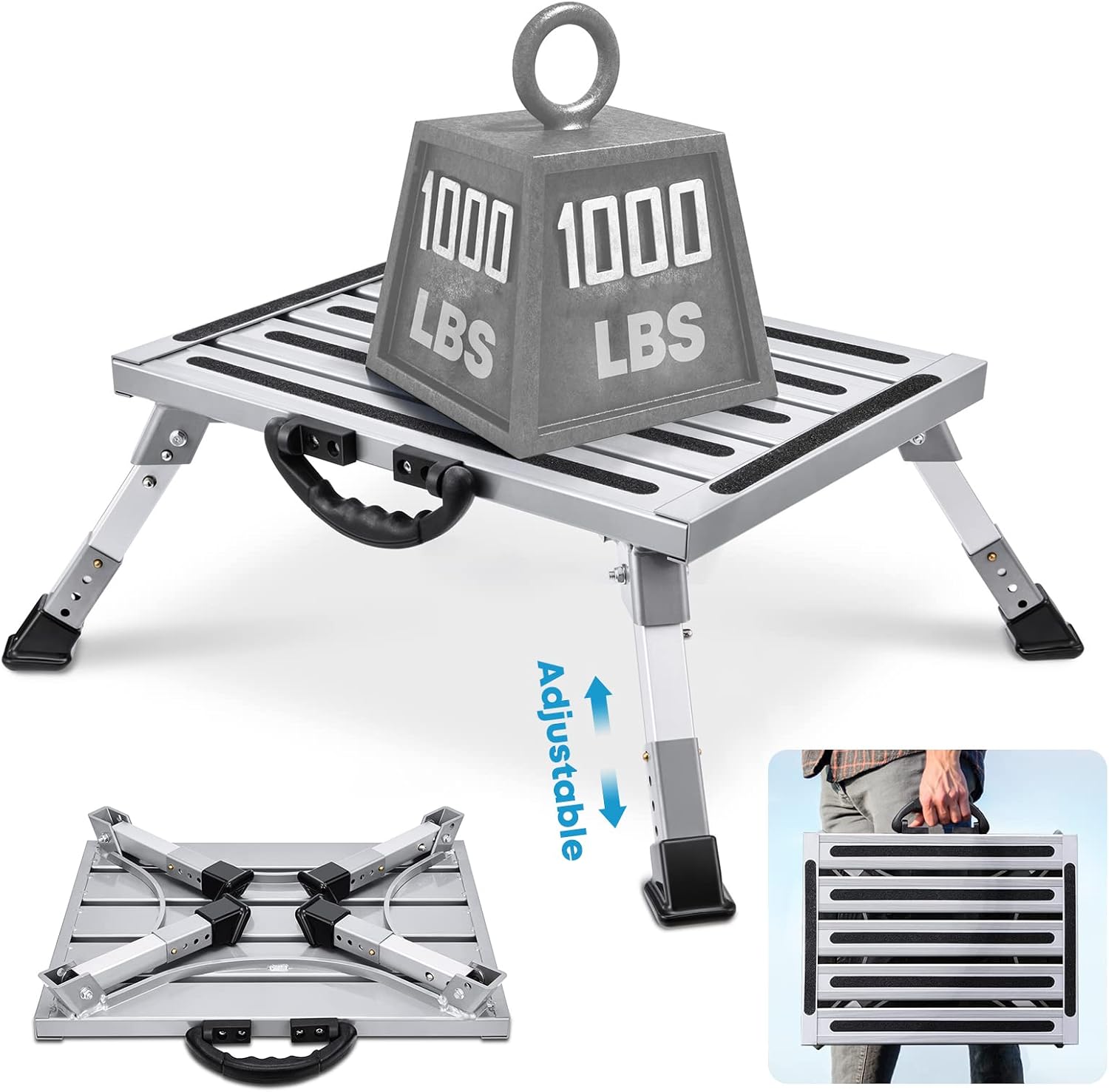Kohree RV Step Stool, 19" x 14.5" Adjustable Height Extra Large Aluminum Folding Platform Step with Non-Slip Rubber Feet, Portable Handle, Stable RV T Level, Up to 1000 lbs