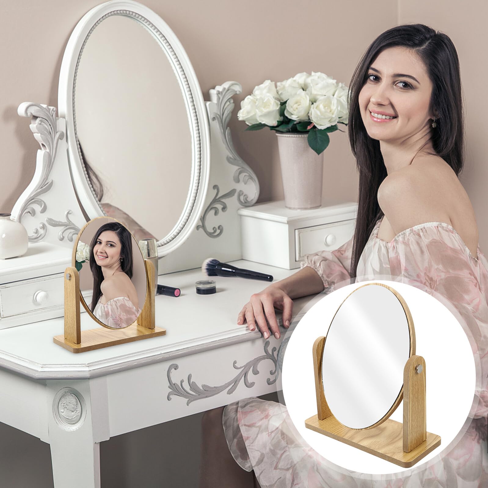 Cabilock Espejo Diseño Moderno y Simple de Maquillaje de Madera Ovalado de Sobremesa Ahorro de Espacio para Mujer Adecuado para Tocador en Dormitorio o Baño