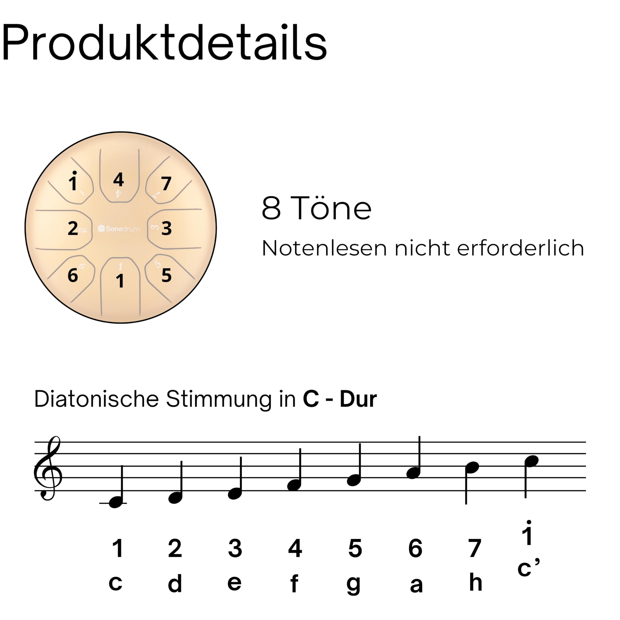 Zungentrommel "Standard" C - Dur in Bronze - 14 cm klein mit 8 Tönen - Steel Tongue Drum inkl. Liederbuch, Schlägel, Fingersticks und Tragetasche - Notenlesen nicht nötig, einfach zu spielen.