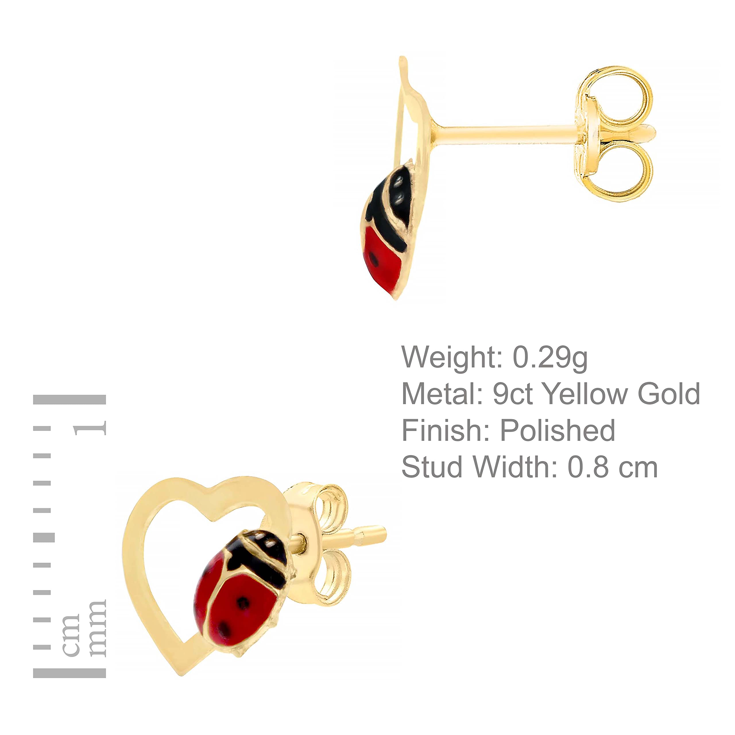 Carissima Pendientes de Botón con 'Corazón y Mariquita' para Mujer en Oro Amarillo 9K (375) - 8.2mm x 6.9mm